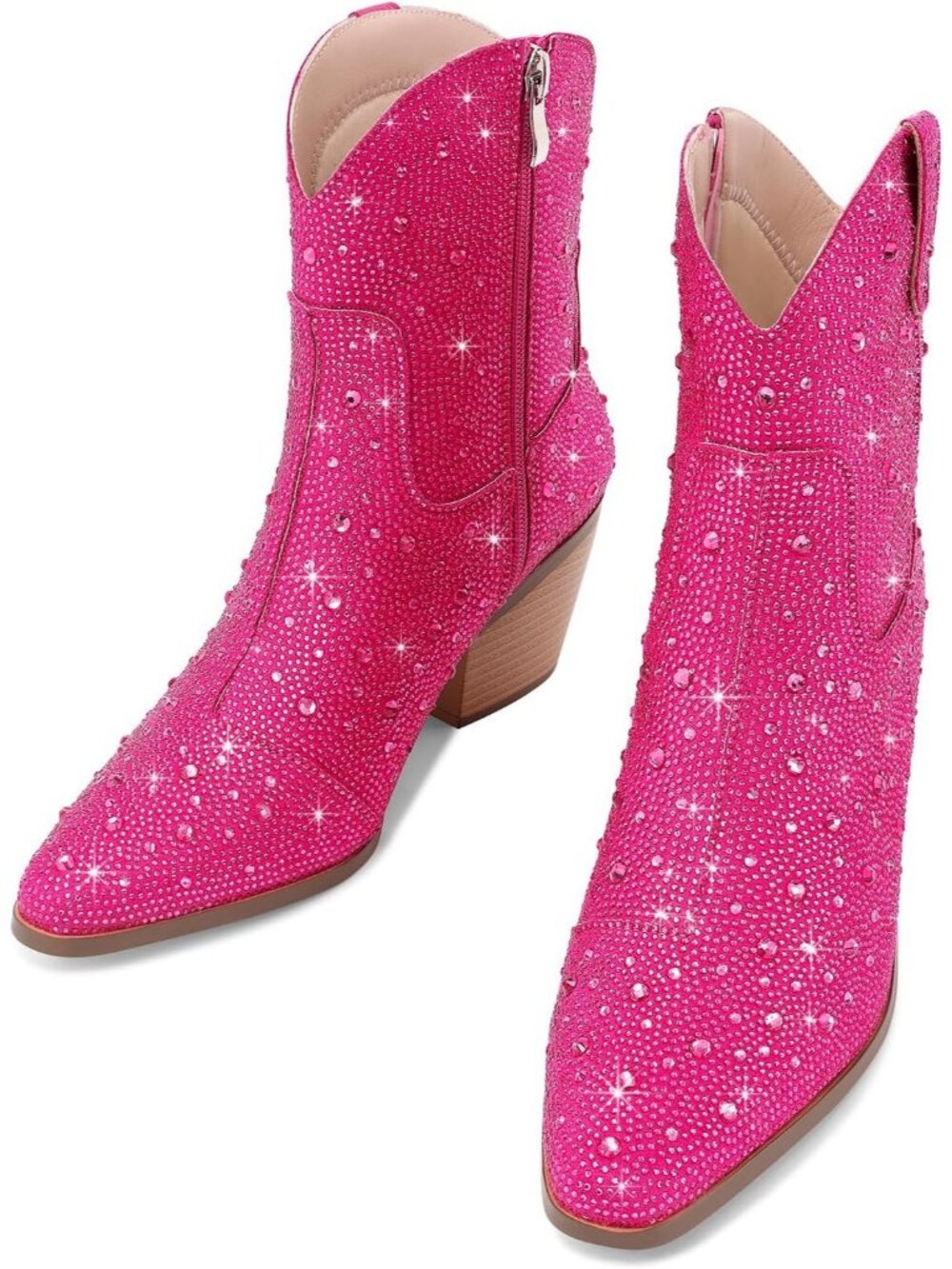 Women's Pink Western Booties Rhinestone Chunky Heel Fashion Cowgirl Ankle Boots - Picture 3 of 7